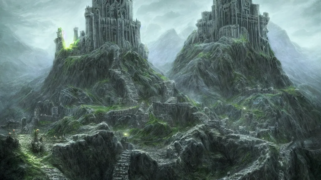 Image similar to ghostly fortress of minas morgul, minas ithil, lit by green magical powers along the fortress walls, by alan lee, michal karcz, smooth details, lord of the rings, game of thrones, smooth, detailed terrain, oil painting, trending artstation, concept art, fantasy matte painting