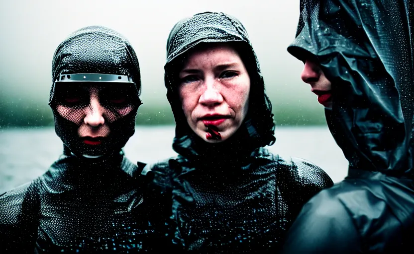 Image similar to cinestill 5 0 d candid photographic portrait by helen levitt of two loving skandinavian female androids wearing rugged black mesh techwear in treacherous waters, extreme closeup, modern cyberpunk moody depressing cinematic, pouring rain, 8 k, hd, high resolution, 3 5 mm, f / 3 2, ultra realistic faces, ex machina