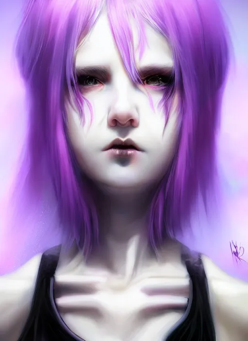 Image similar to whitebangs, black hair, black cyberlox, portrait of normal teenage girl, normal face, white bangs, fluffy bangs, cyberlox, whitebangs, red contact lenses, purple background, intricate, elegant, highly detailed, digital painting, artstation, concept art, sharp focus, smooth, illustration, art by wlop, mars ravelo and greg rutkowski