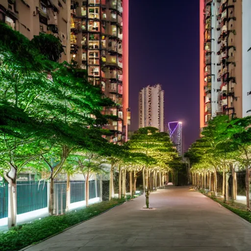 Image similar to hong kong apartment complex courtyard at night, photography