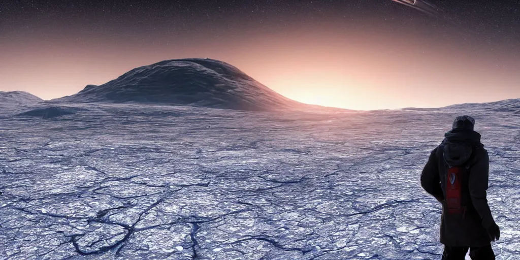 Image similar to a man standing in a icy planet looking to the sky at night, part of a red planet appearing in the sky, concept art, digital art, high quality, highly detailed, 8 k, octane render, unreal engine 5, trending on artstation, anatomically correct, five fingers, cinematic, high coherence, beautiful, hyperrealistic, serene landscape