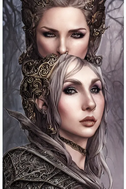 Image similar to alluring highly-detailed pen and ink illustration portrait of an attractive young elf woman (played by Irine Meier ), clothed in a chesty fantasy outfit, intricate, elegant, highly detailed, digital painting, trending on Artstation, concept art, smooth, sharp focus, illustration, in the style of artgerm and greg rutkowski and alphonse mucha