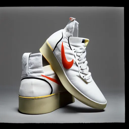 Image similar to a studio photoshoot of A Nike sneaker designed by Virgil Abloh, Off-White, realistic, color film photography by Tlyer Mitchell, 35 mm, graflex