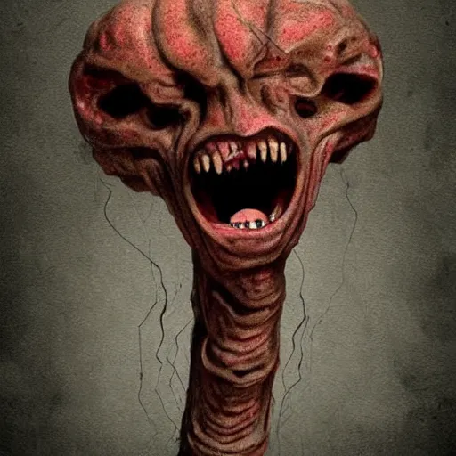 Image similar to a spindly creature with one large mouth for a head, horror art, terrifying