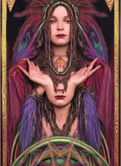 Image similar to Ayahuasca tripping cult magic psychic woman, subjective consciousness psychedelic, epic occult ritual symbolism story iconic, dark witch headdress, oil painting, robe, symmetrical face, greek dark myth, by John William Godward, Jason A Engle, Anna Dittman, masterpiece