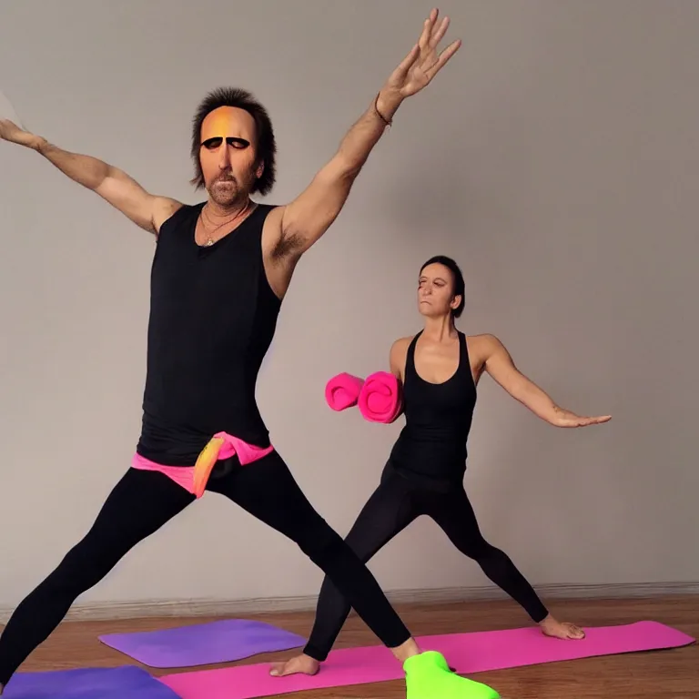 Prompt: Nicolas Cage doing yoga in a neon leotard