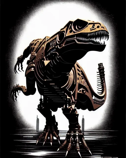 Prompt: a steampunk cyborg t - rex dinosaur, high details, symmetry, bold line art, by vincent di fate and joe fenton, inking, etching, screen print, masterpiece, trending on artstation, sharp, high contrast, hyper - detailed,, hd, 4 k, 8 k