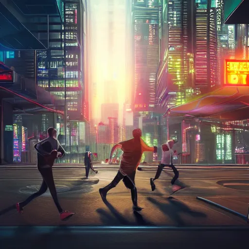 Image similar to landscape view of people running from a giant bitcoin in the city, cyberpunk art, photorealism, light behind