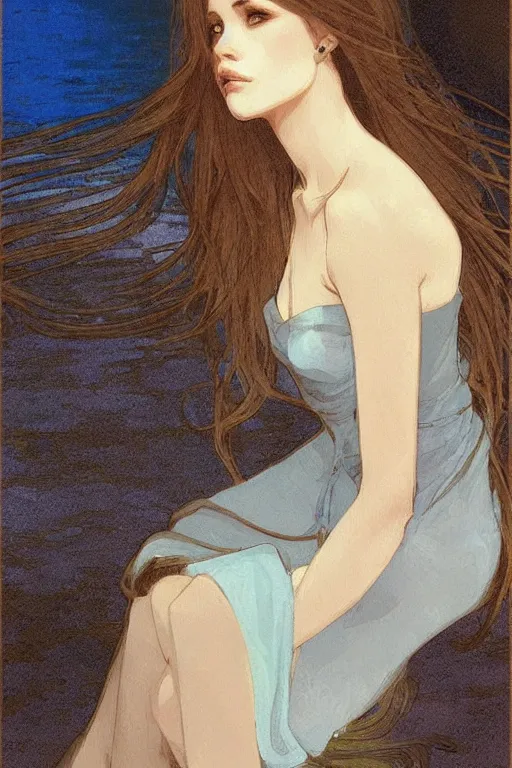 Prompt: A girl with long hair sitting by the river at night by mucha and Krenz Cushart ,gloomy,geometric shapes, hard edges,blue theme