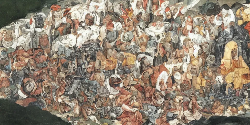 Image similar to multilayer last supper full color gradient pattern of escher style 3 6 0 panorama with hieronymus bosch style bubbles, unfinished, very detailed