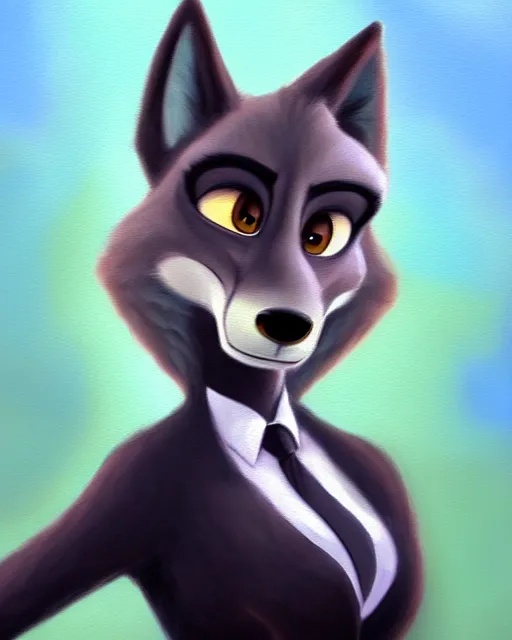 Image similar to oil painting of anthromorphic female wolf, in style of zootopia, female fursona, furry, furaffinity, 4 k, deviantart, furry art, fursona art, wearing black business suit, business suit, wolf fursona, female, very expressive detailed feminine face,