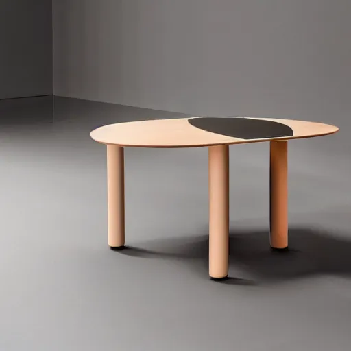 Prompt: futuristic wood table with surreal legs by frank gehry, brutalist style, product shot