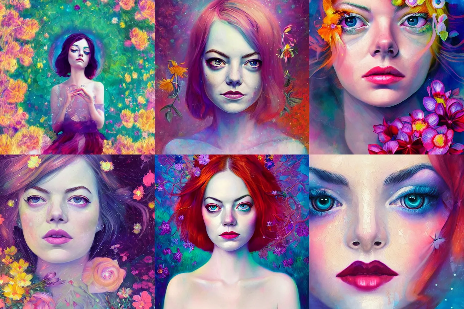 Prompt: aesthetic! angelic! emma stone portrait by Anna Dittmann and Harumi Hironaka and Filip Hodas, flowers, magical, artsy, impressionism