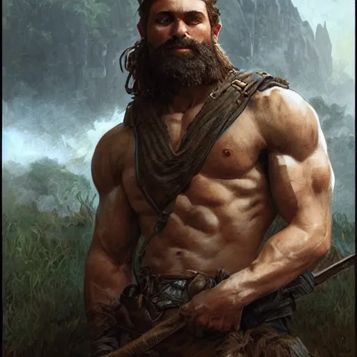 Image similar to portrait of a young rugged ranger, muscular, upper body, hairy torso, D&D, fantasy, intricate, cinematic lighting, highly detailed, digital painting, artstation, concept art, smooth, sharp focus, illustration, art by Artgerm and Greg Rutkowski and Alphonse Mucha