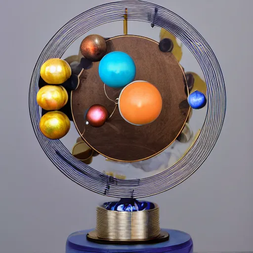 Image similar to a kinetic sculpture of this solar system, sun, mercury, venus, earth, mars, jupiter, saturn, uranus, neptune, pluto, orrery, canon 5 d 5 0 mm lens, papier - mache, studio, artificial intelligence