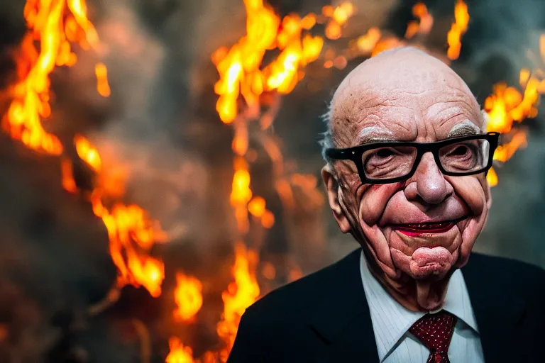 Prompt: Rupert Murdoch as The Joker wearing glasses, standing in hell surrounded by fire and flames and bones and brimstone, portrait photography, depth of field, bokeh