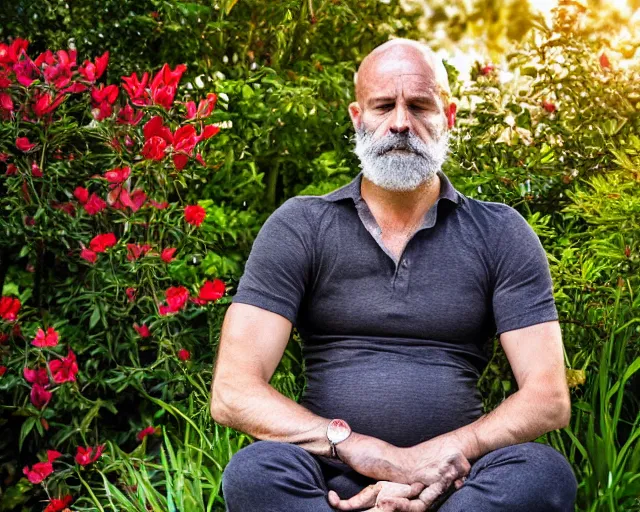 Image similar to mr robert smoke weed and meditate in the garden, he has dark grey hairs, detailed glad face, muscular chest, pregnant belly, golden hour closeup photo, red elegant shirt, eyes wide open, ymmm and that smell