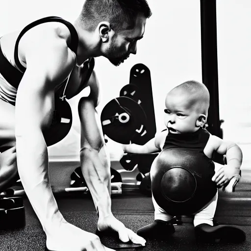 Prompt: a very muscular baby, gym, ripped, high contrast photography