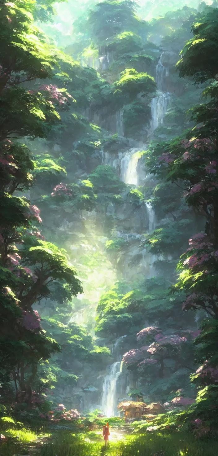 Prompt: village in the woods with a flower garden near a waterfall, gapmoe kuudere moody lighting stunning bokeh highlights sharp contrast | trending pixiv fanbox | by greg rutkowski makoto shinkai takashi takeuchi studio ghibli