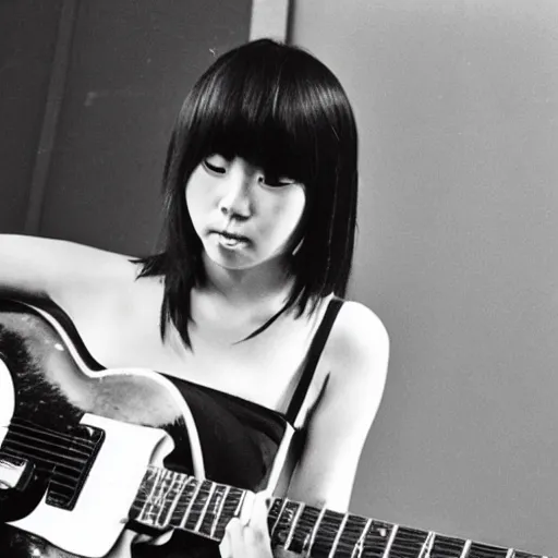 Image similar to a black and white photograph of a female japanese artist playing a gibson sg, 1 9 7 0 s
