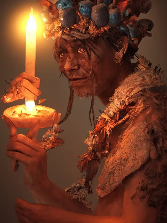 Image similar to fine painting of a death shaman from an ancient culture with mushrooms growing from his body, candlelight, 8 k, ultra realistic, lens flare, atmosphere, glow, detailed, intricate, full of colour, cinematic lighting, trending on artstation, 4 k, hyperrealistic, focused, extreme details, unreal engine 5, cinematic, masterpiece