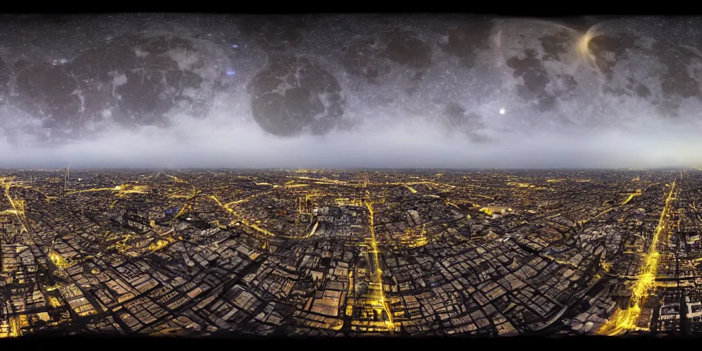 Prompt: a big industrial city metropoli in the distance, cloudy dark sky, it's late at night the moon and the milky way shine, equirectaln, equirectangular