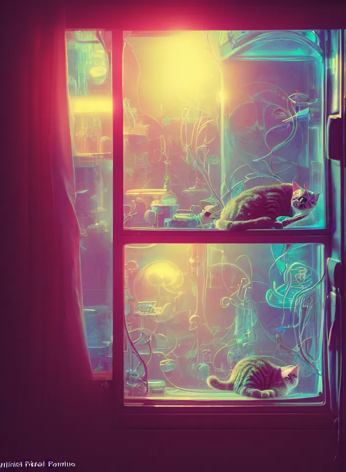 Prompt: telephoto 7 0 mm f / 2. 8 iso 2 0 0 photograph depicting the feeling of chrysalism in a cosy safe cluttered french sci - fi ( ( art nouveau ) ) cyberpunk apartment in a pastel dreamstate art cinema style. ( cat ) ( ( fish tank ) ), ambient light.