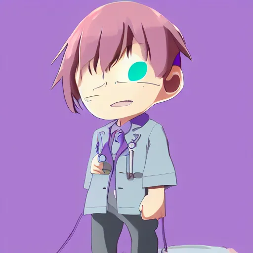 Image similar to cute little boy wearing an doctor suit, purple color palette, inspired in made in abyss and hirohiko araki, ray tracing, featured in pixiv