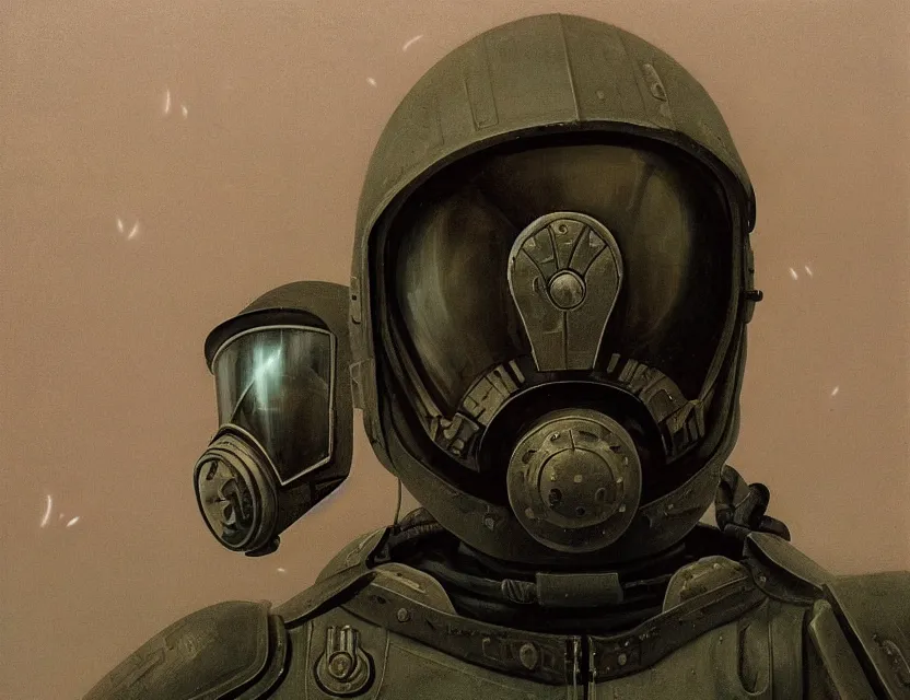 Prompt: a detailed portrait painting of a lone bounty hunter pilot wearing combat armour, gas mask and a reflective visor. Head and chest only. Movie scene, cinematic sci-fi scene. Flight suit, cloth and metal, accurate anatomy. portrait symmetrical and science fiction theme with lightning, aurora lighting. clouds and stars. Futurism by beksinski carl spitzweg moebius and tuomas korpi. baroque elements. baroque element. intricate artwork by caravaggio. Oil painting. Trending on artstation. 8k