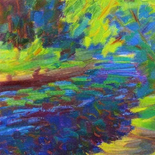 Prompt: a beautiful impressionist painting of a winding river, oils on canvas