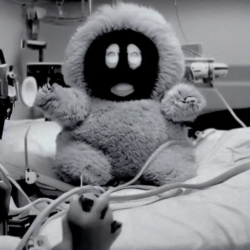 Image similar to wide cinematic shot of a giant obese furby lying in a hospital bed getting open - heart surgery in an operating room in a dank north korean hospital, surrounded by two surgeons directed by david lynch, vhs copy film grain 3 5 mm