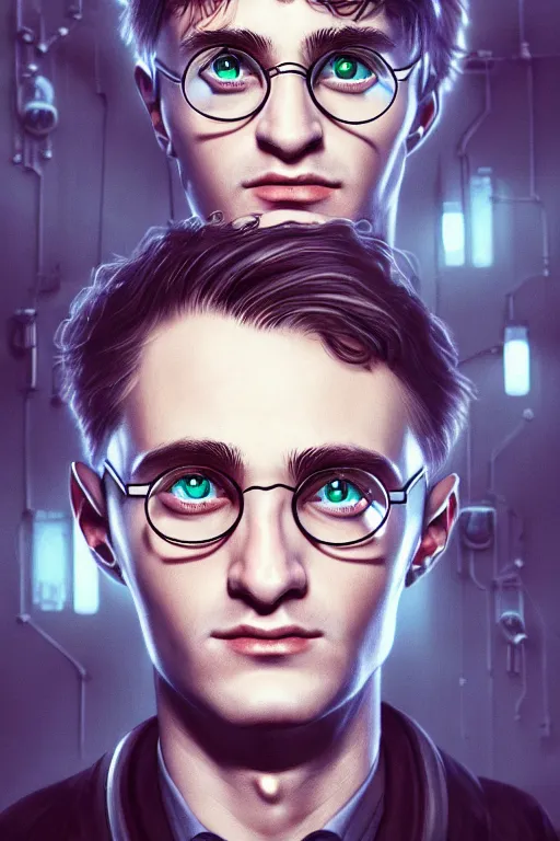 Image similar to Portrait of a harry potter with a cybernetic implanted eye, elegant, photorealistic, highly detailed, artstation, smooth, sharp focus, cyberpunk ornaments, neon lighting, sci-fi, art by Klimt