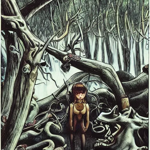 Prompt: sci - fi, hunters of monsters walking in a meat and bone forest, art by tetsuo hara