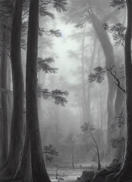 Prompt: a forest with very very tall trees, eerie sparse, epic atmosphere, by asher brown durand, by yoshitaka amano