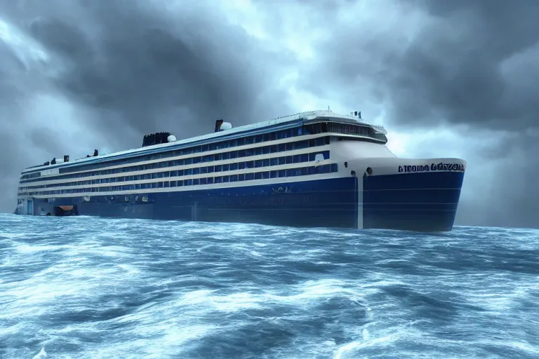 Prompt: photorealistic blue - tinted photo of a sinking cruise ship, storm, thunderstorm, horror, smooth, epic, highly detailed, cinematic, unreal engine rendering