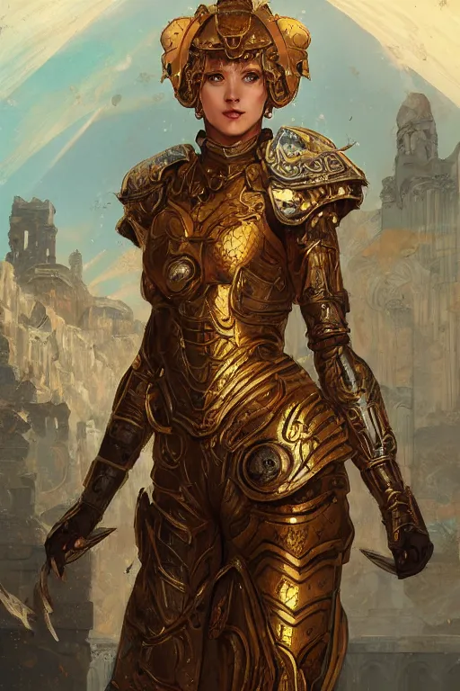 Prompt: portrait knights of Zodiac girl, golden and copper reflected armor, in ruined Agora of Athens, ssci-fi, fantasy, intricate, very very beautiful, elegant, highly detailed, digital painting, artstation, concept art, smooth, sharp focus, illustration, art by tian zi and WLOP and alphonse mucha