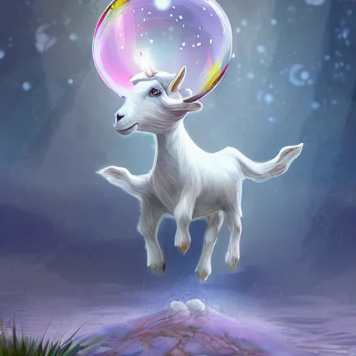 Image similar to a goat travelling on a bubble that looks like a unicorns back, mystical fantasy, concept art