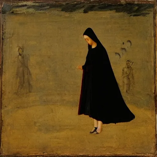 Prompt: woman in black cloak turns away from small bird, renaissance painting