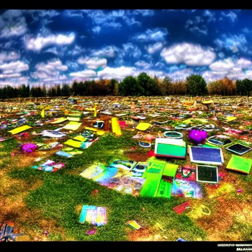 Prompt: colorful bliss windows xp screensaver with many broken dilapidated old computers graveyard, wide angle lens