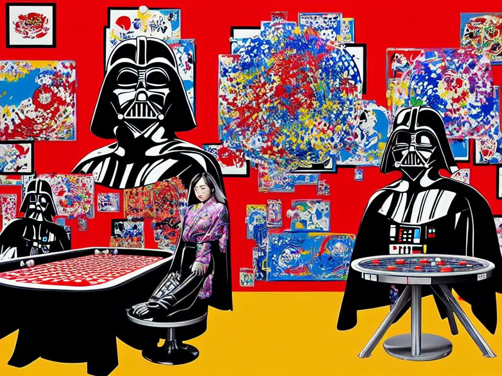 Image similar to hyper - realistic composition of a large room with an extremely detailed poker table in the center, woman in traditional japanese kimono standing nearby, darth vader sitting at the table, fireworks in the background, pop art style, jackie tsai style, andy warhol style, acrylic on canvas, dull palette