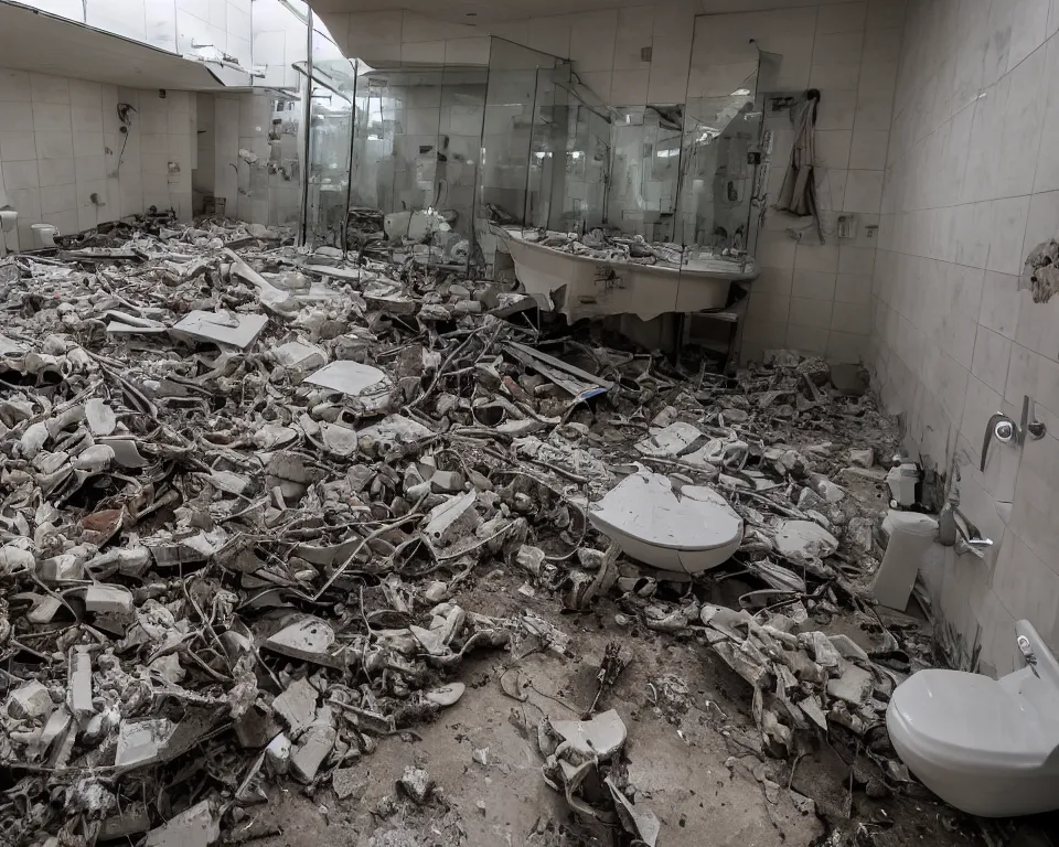 Prompt: news footage of a destroyed bathroom