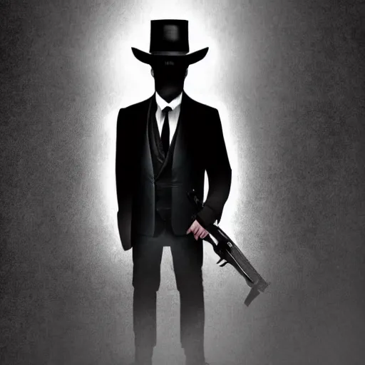 Image similar to character of a man in black suit and black hat, he has a pistol, dark colours style, 4 k, highly detailed, digital art, strong shadows, high contrast, epic scene, atmospheric, cold colours