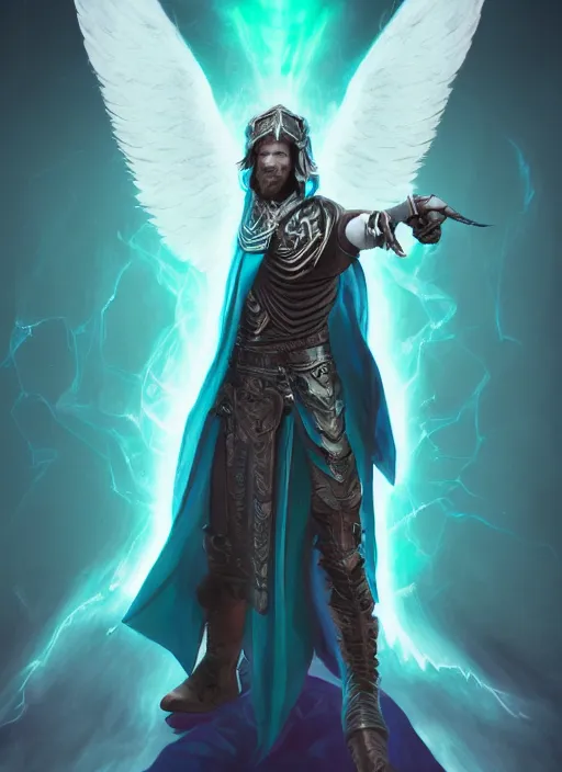 Prompt: An epic fantastic realism comic book style portrait painting of an aasimar hexblade warlock, teal electricity, male, massive angel wings, silver hair, short scruffy beard, cloak, D&D Concept Art, unreal 5, DAZ, hyperrealistic, octane render, cosplay, RPG portrait, dynamic lighting