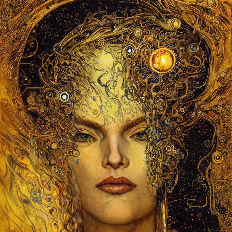 Prompt: Divine Chaos Engine by Karol Bak, Jean Deville, Gustav Klimt, and Vincent Van Gogh, beautiful visionary mystical portrait, sacred, otherworldly, fractal structures, Surreality, ornate gilded medieval icon, third eye, spirals