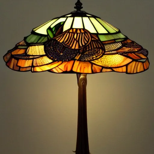 Image similar to beautifully detailed victorian art nouveau mushroom shaped tiffany lampshade, river reeds duckweeds close up abstractb mallard feathers, mucha tiffany kilian eng