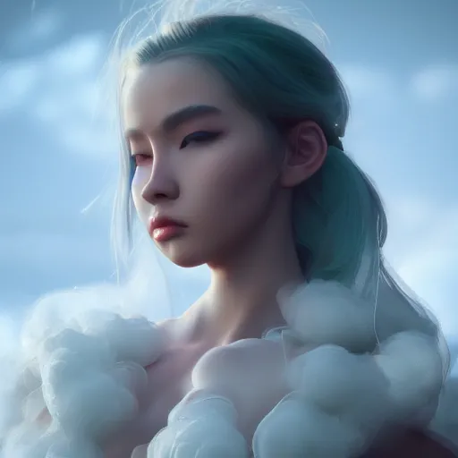 Image similar to beautiful girl in full gown blowing clouds, portrait character concept style trending on artstation concept art detailed octane render cinematic photo - realistic 8 k high detailed