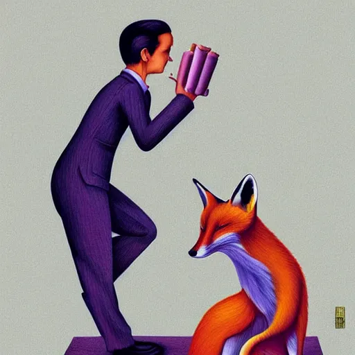 Image similar to an artistic portrait of fox in full tailored suit by Escher Casey Weldon, behance contest winner, colorful