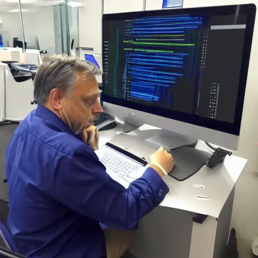 Image similar to viktor orban programming a computer in a cubicle, oil painting