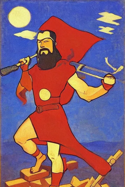 Prompt: thor with hammer, marvel, artwork by nicholas roerich,