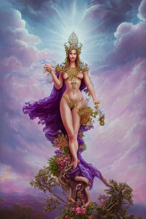 Image similar to full body pose fine art photo of the cher goddess, she has a crown of stunning flowers and frilly dress of purple satin and gemstones, background full of stormy clouds, by peter mohrbacher